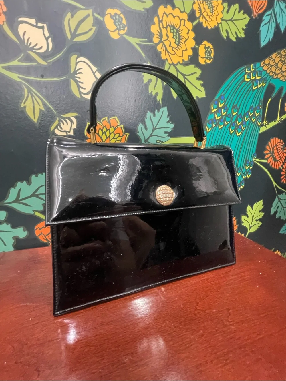 Vintage Bienen-Davis Black Patent Leather Top Handle Handbag with mirror